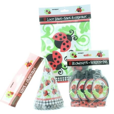 8 Kid Ladybug Party Favor Kit Hats Blowouts Loot Bags Birthday Ladybug Fun Set