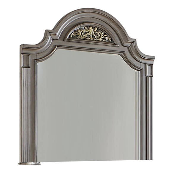 BenJara Recus Dresser Mirror, 49 Inch Floral Arched Shape, Gray Solid Wood