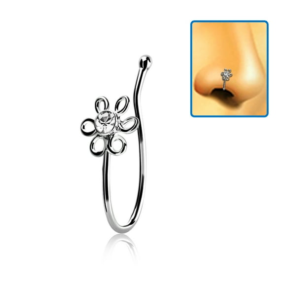 iJewelry2 Daisy Flower Clear CZ Sterling Silver Illusion Faux Lip Nose Bone Clip-on