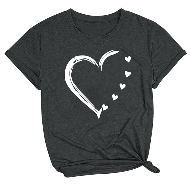 Bowake T-Shirt de la Saint-Valentin pour Femmes T-Shirt Mignon Imprimé Cœur Manches Courtes Col Rond Graphiques Hauts Gris Foncé