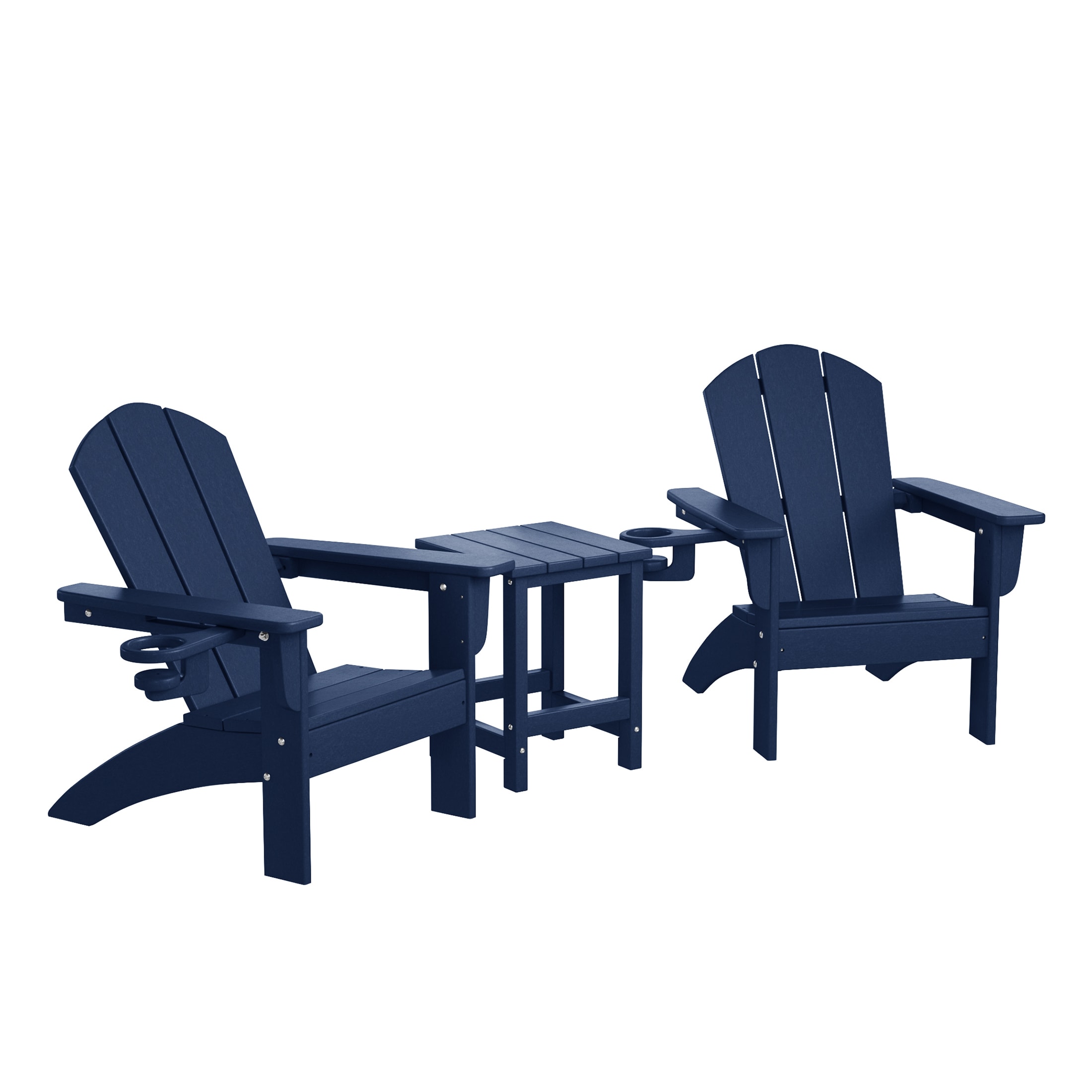 WestinTrends Malibu 3-Piece Kids HDPE Adirondack Chairs Set with Square Side Table and Cup Holders, Navy Blue