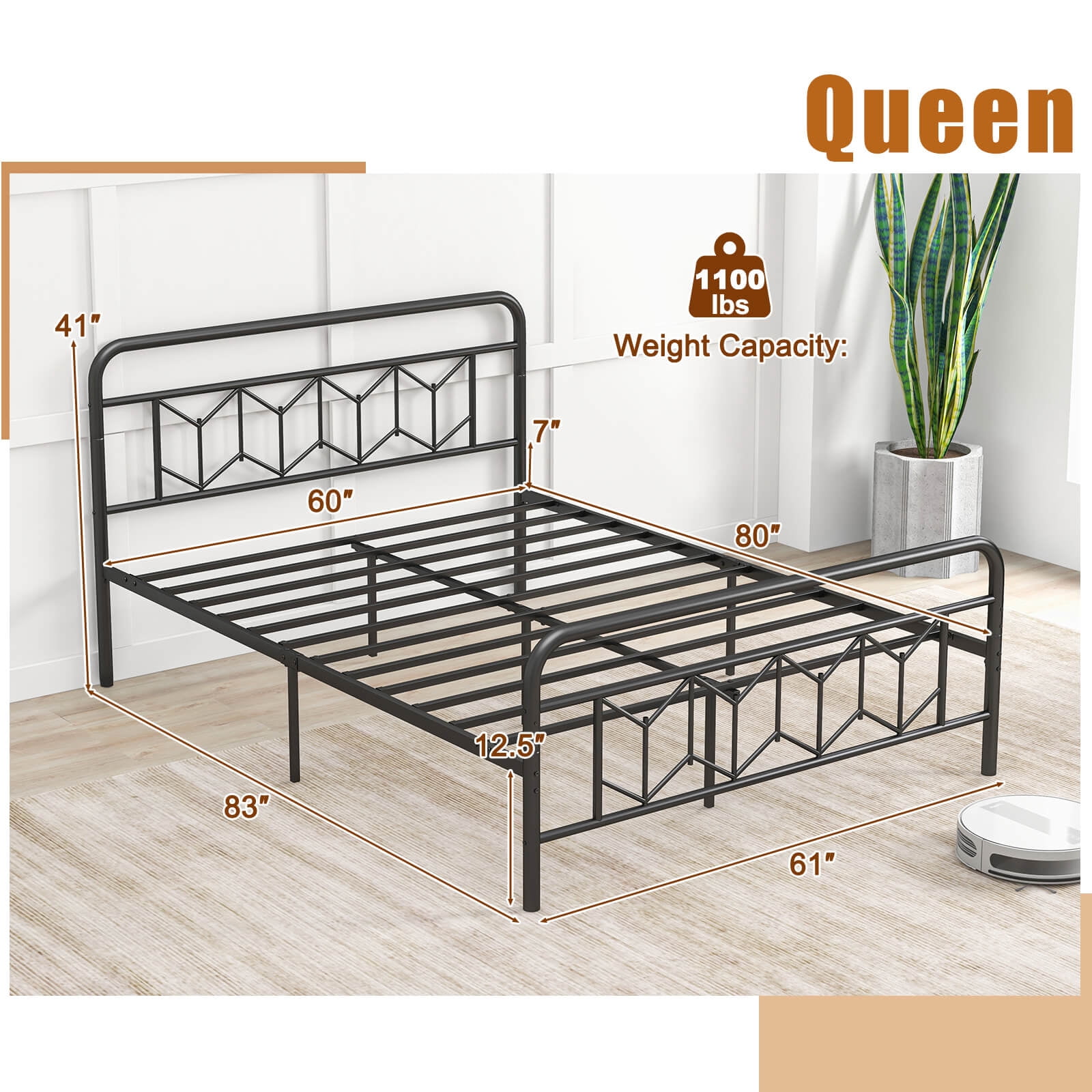 Infans Queen Size Bed Frame Mattress Foundation w/ Headboard 12.5" Under-bed Storage