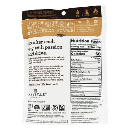 Navitas Naturals Cacao Powder, 8.0 Oz, 15 Servings
