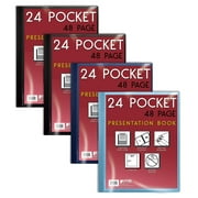 24 Pocket Bound Presentation Book, 4 Pack, Assorted Colors, Clear View Front Cover, 48 Sheet Protector Pages, 8.5" x 11" Sheets, by Better Office Products, Art Portfolio, Durable Poly Covers