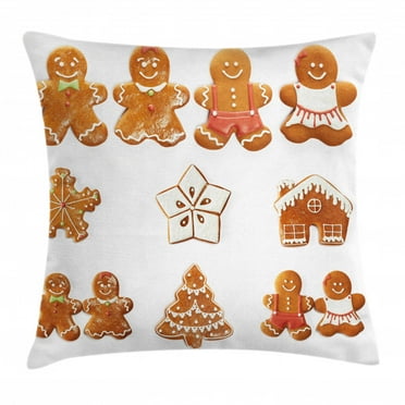 Gingerbread Man Throw Pillow Cushion Cover, Vivid Cute Christmas Gingerbread Biscuits Set Snowflake House Tree, Decorative Square Accent Pillow Case, 18 X 18 Inches, Light Brown White, by Ambesonne