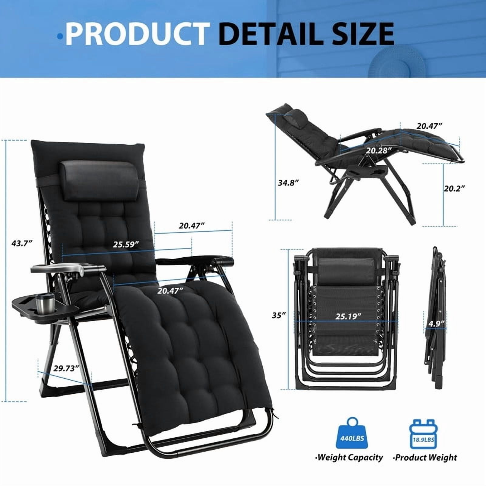 Kelno Padded Recliner Chair Zero Gravity Camping Chair Holder Trays Outdoor Portable Patio Lounge Chair with Removable Cushion Headrest Cup, Black