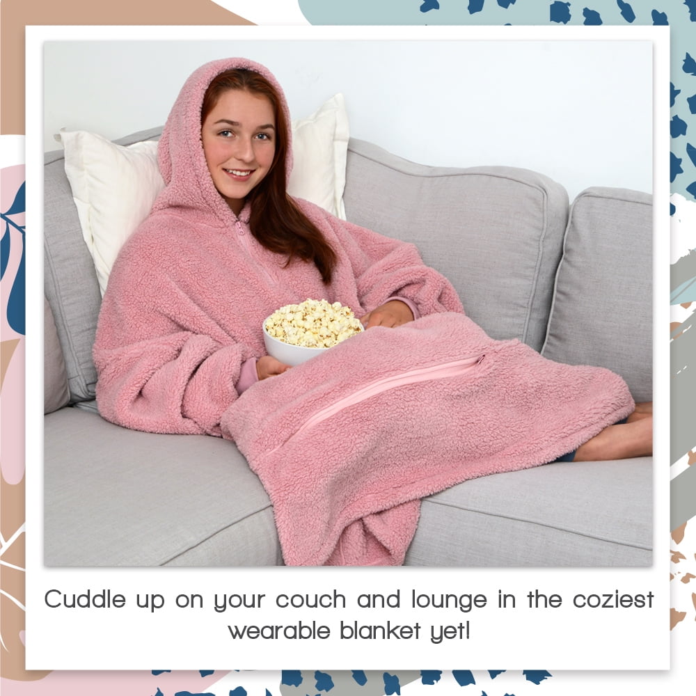 Tenby Wearable Blanket with Sleeves for Women and Men, Oversized One Size Sherpa Blanket Hoodie Sweatshirt with Front Pocket, Foldable Portable Travel Pillow with Handle and Trolley Straps, Pink