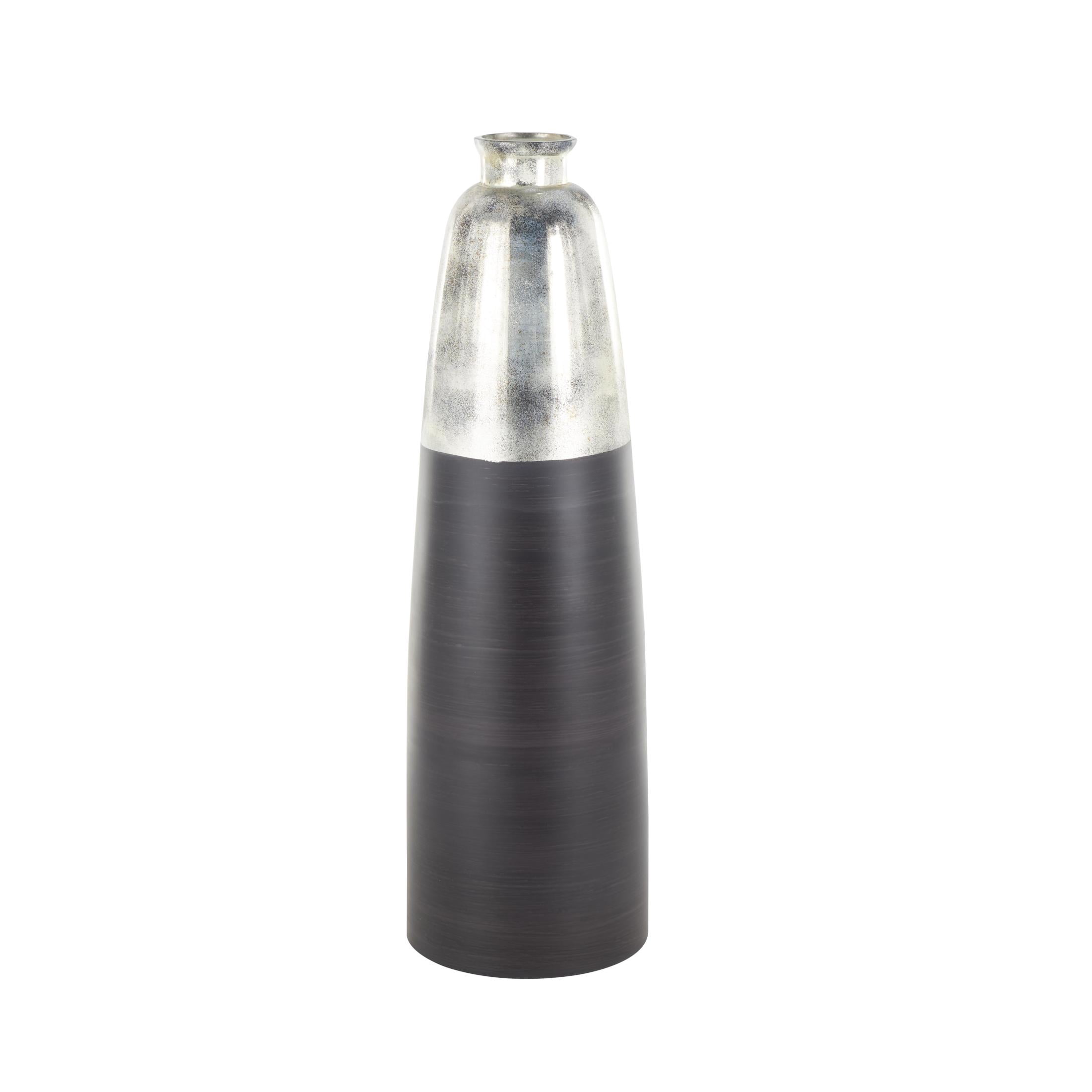 DecMode 34" Tall Brushed Two-Toned Floor Black Glass Vase with Textured Silver Top
