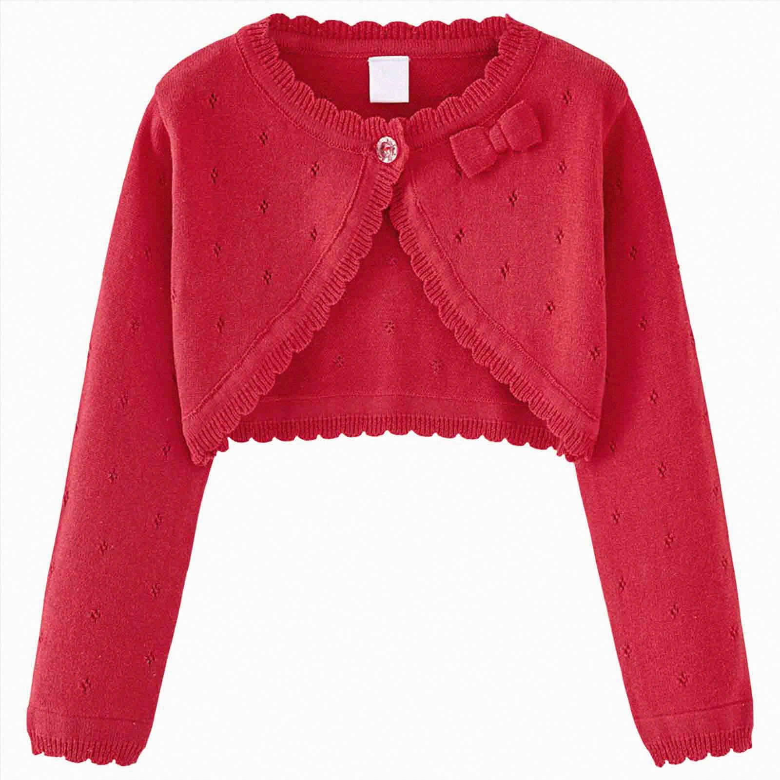 KPOPLK Girls Sweaters Long Sleeve Cardigan Bolero Shrugs Button Down Closure Cover Up Tops for Toddler Kids 1-7 Years Red Size 8-9 Years