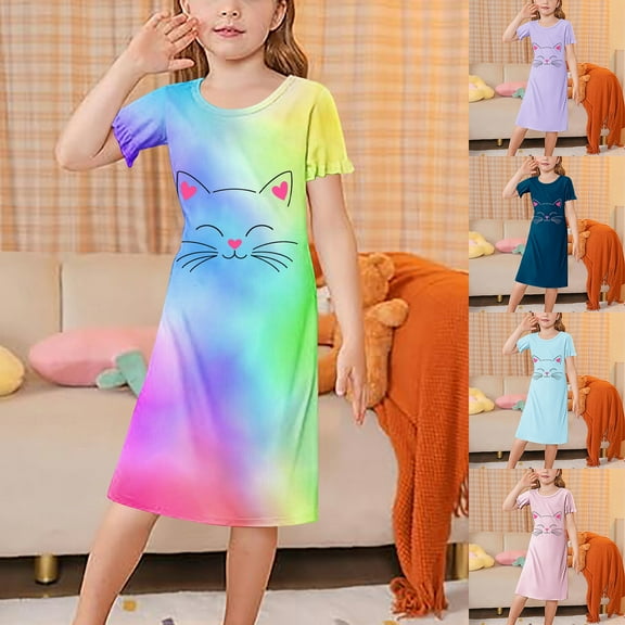 Einccm Girls Nightgowns Princess Pajamas Cute Cat Print Nightdress Soft A-Line Sleepwear Short Sleeve Nightie Loungewear for Kids Toddlers and Big Girls 3-12 Years