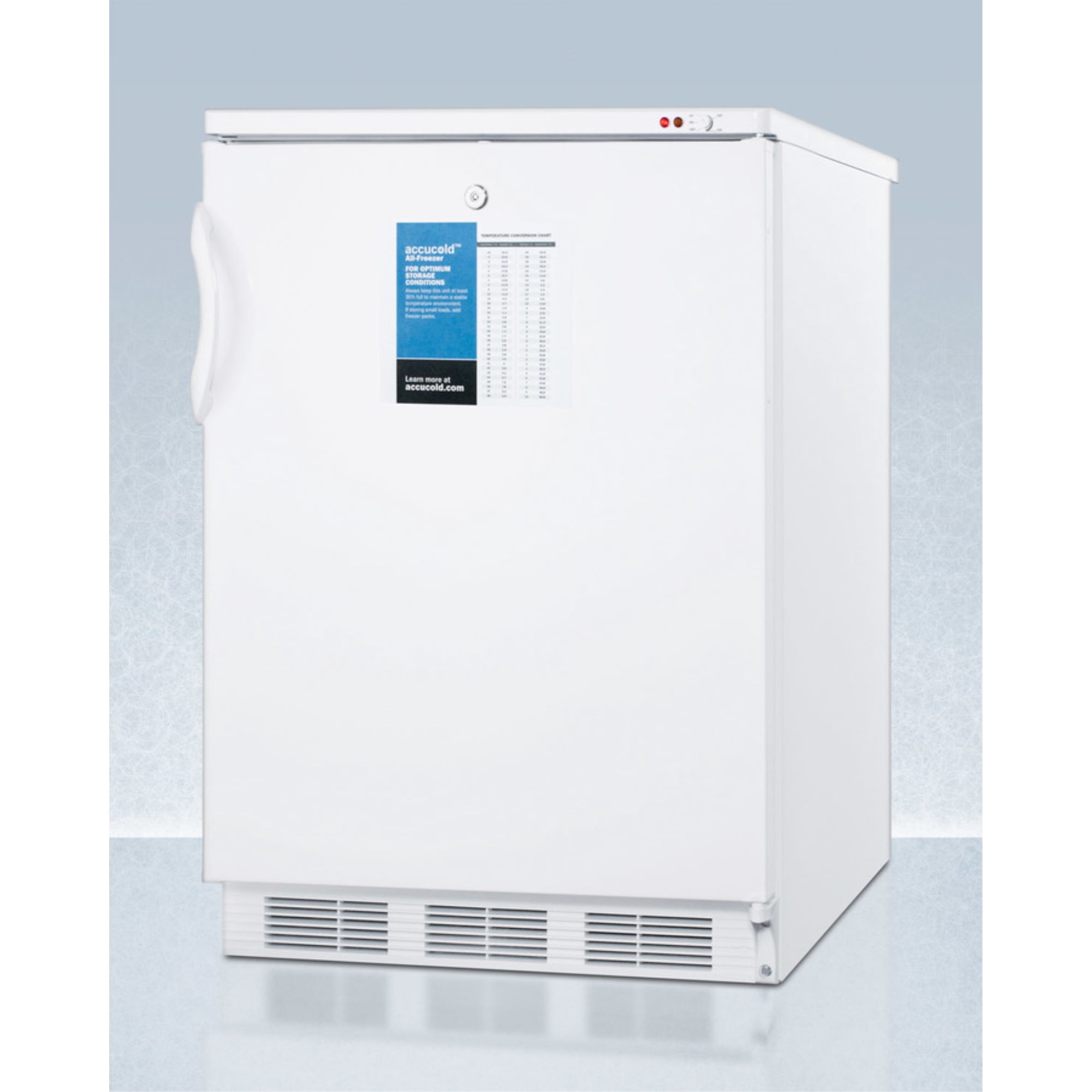 24" wide -25C all-freezer for freestanding use, manual defrost with a lock and probe hole for user-installed monitoring equipment