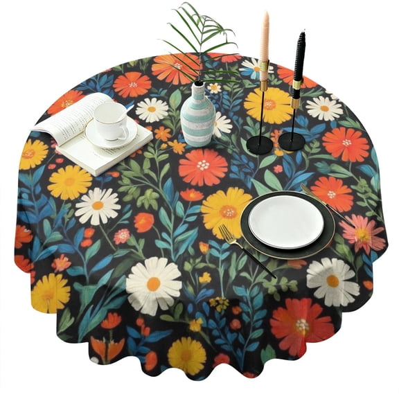 Pioneer Flower Floral Print Pattern Round Tablecloth 60"x60",Wrinkle Wipeable Table Cloth for Kitchen Dining Room Picnic Patio Party
