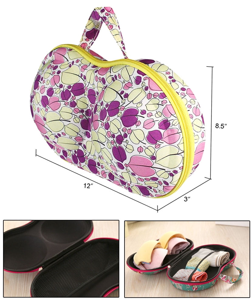 JAVOedge Purple Leaf Pattern Fabric Travel Bra Storage Case with Zipper  Closure and Bonus Multi-Purpose PVC Zipper Bag 