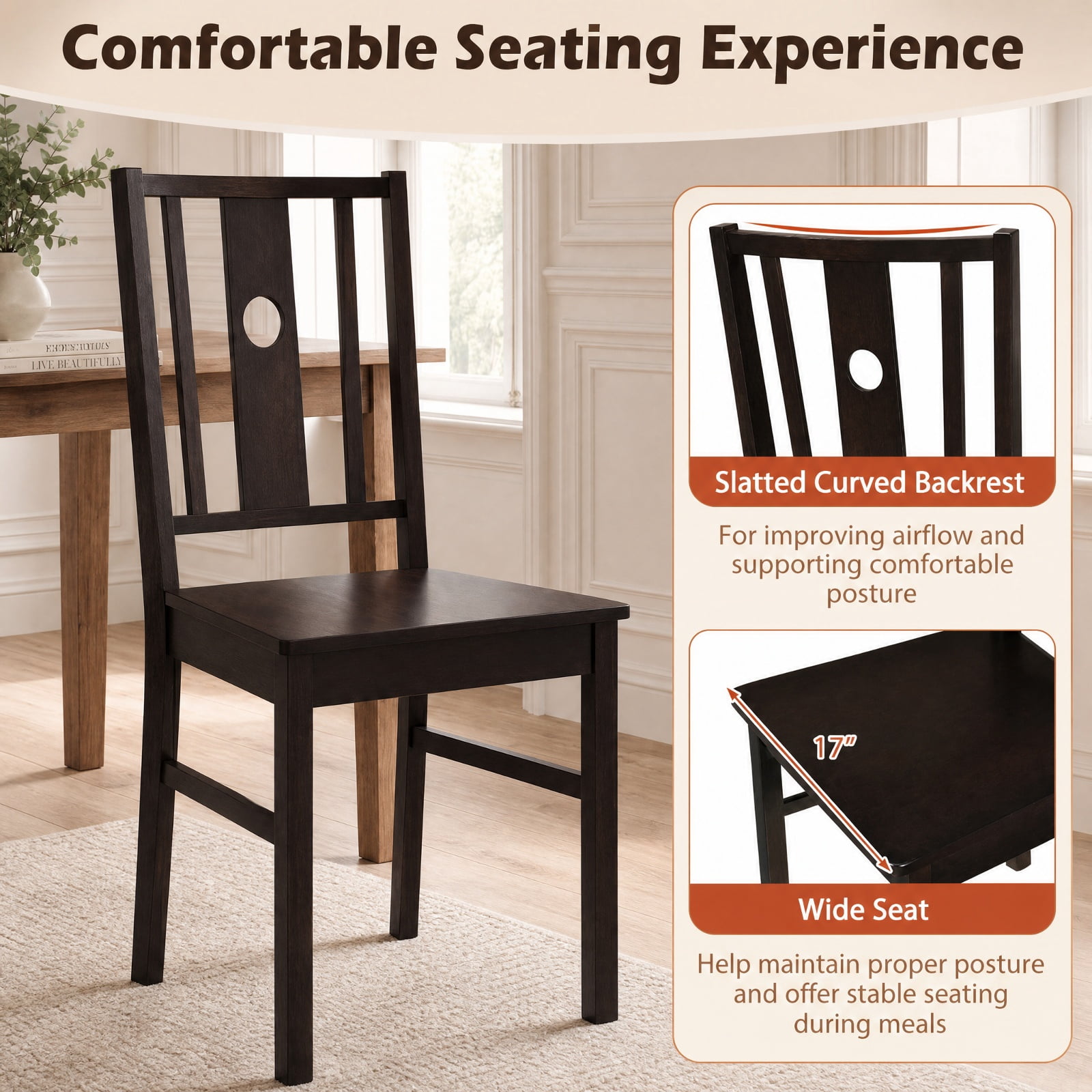 Furnibear Set of 2 Solid Rubber Wood Kitchen Chairs with Slatted Curved Backrest and Wide Seat for Dining Room and Kitchen, Coffee