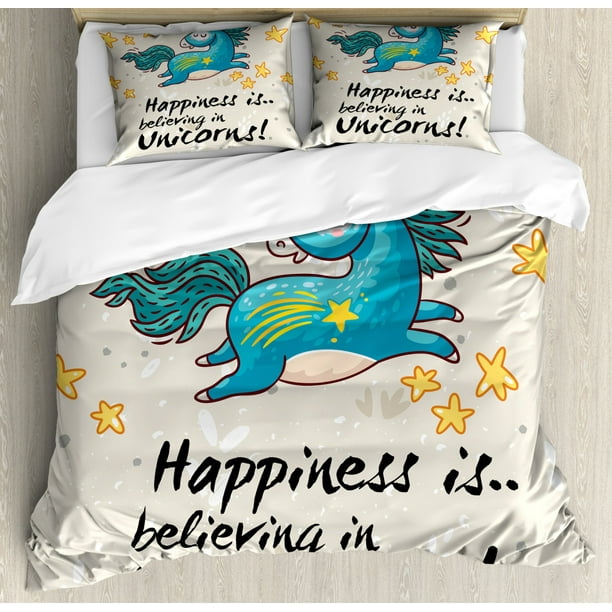Unicorn King Size Duvet Cover Set Believing Unicorns E Ilration With Star Elements Happiness Joy Friendship Decorative 3 Piece Bedding 2 Pillow Shams Blue Yellow By Ambesonne Com Unicorn King Size Duvet Cover Set, Unicorn King Size Bedding Set