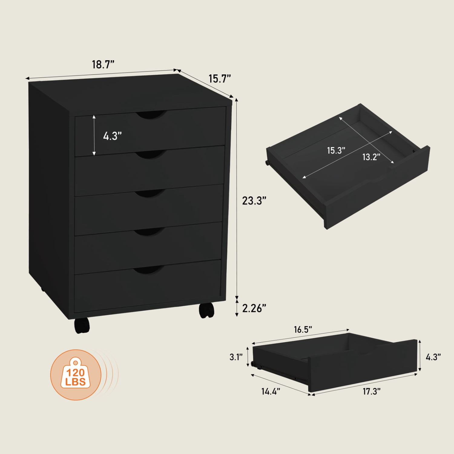 5 Drawer Mobile File Cabinet with Wheels, Under Desk Storage Organizer for Bedroom/Office/Home, Black