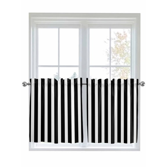 Half Window Curtain 36 Inches Long, Black Striped Window Treatment Curtain Drapes, Modern Farmhouse Black and White Stripes Small Tier Curtains for Bathroom Over Sink, 27.5"x36", 2 Panels