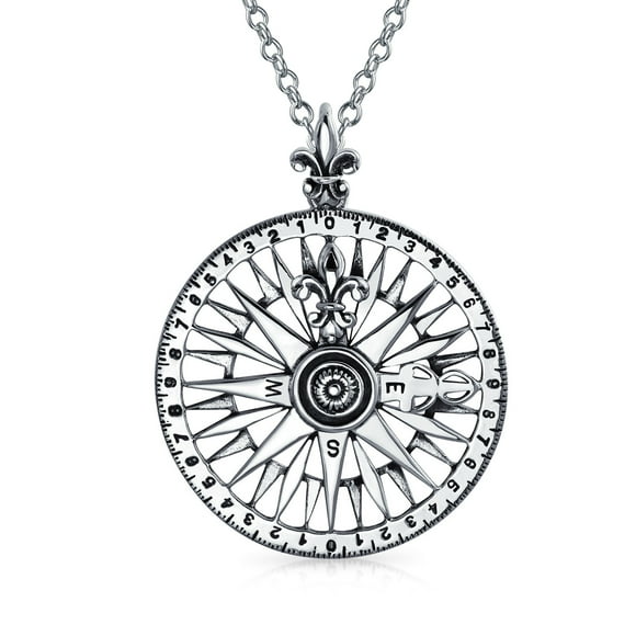 Unisex Round Medallion Navigation Direction Large Celtic Fleur De Lis Nautical Rose Compass Pendant Necklace for Women Men Graduation Oxidized .925 Sterling Silver