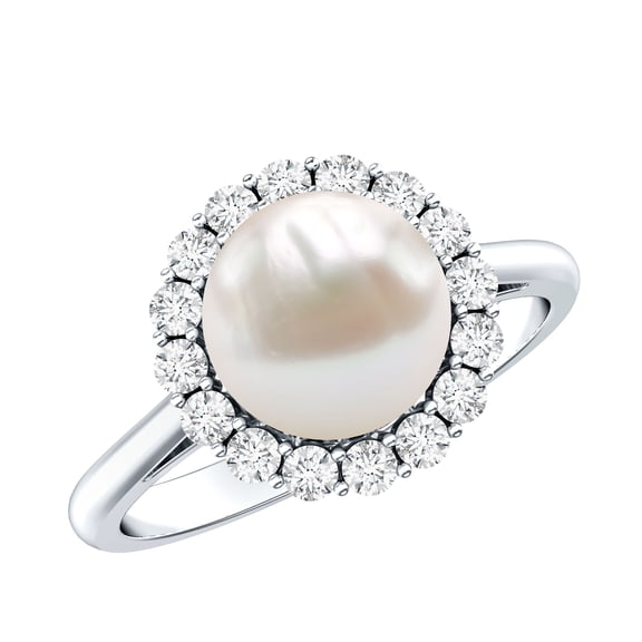Rosec Jewels Freshwater Pearl Halo Engagement Ring with Diamond - 7 Carat - AAA Quality - with Jewelry Box, 925 Sterling Silver, US 4.00