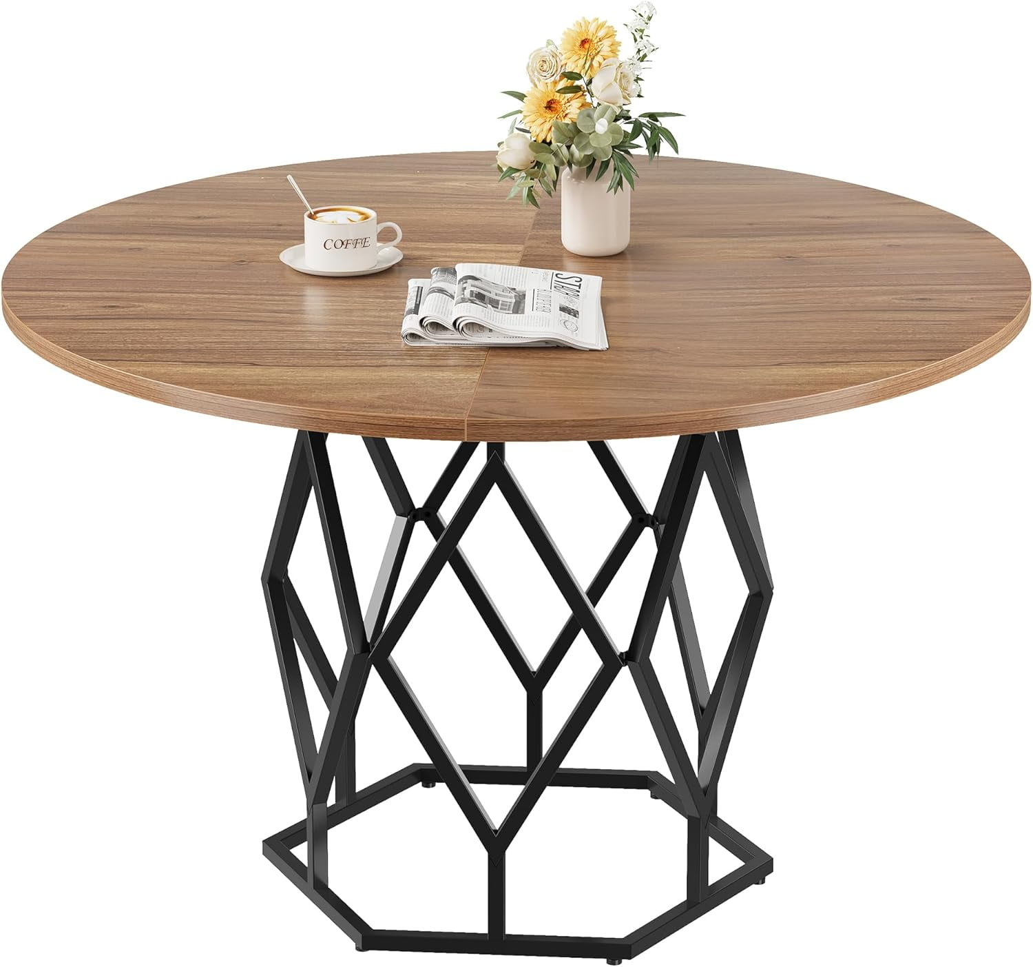 M optimized Round Dining Table for 4-6 People, 47" Farmhouse Kitchen Table, Modern Circle Dinner Table with Sturdy Base, Industrial Wood Dinning Room Table for Kitchen