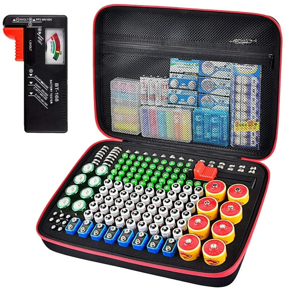 AIR-Battery Organizer Holder, 200+ Batteries Storage Containers Box Case with Tester Checker BT-168. Garage Gadget Organization Holds AA AAA C D Cell 9V 3V Lithium LR44 CR2 CR1632 CR2032 Button Batte