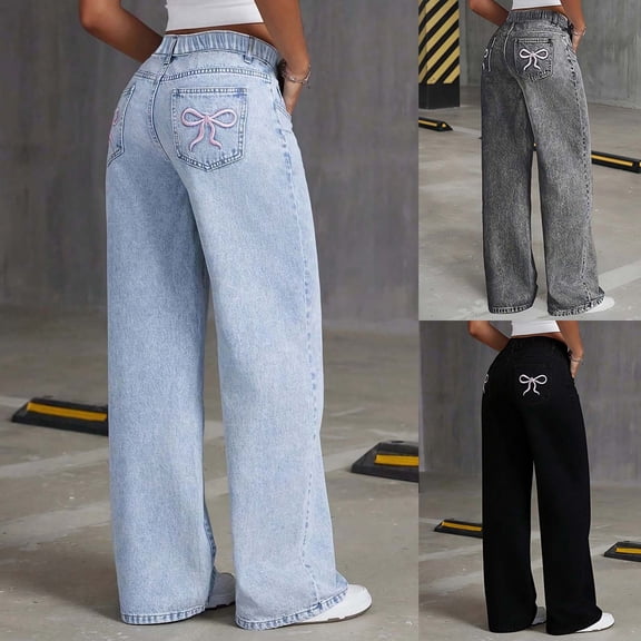 Girls High Waist Straight Leg Jeans with Bow Embroidery and Casual Loose Denim Pants For Teenagers