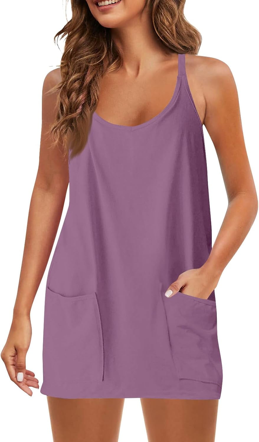 Women Tennis Dress Built in Shorts Adjustable Straps Hot Shot Mini Dress Athletic Workout Golf Dresses with Pockets
