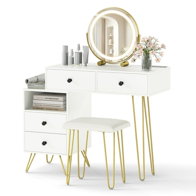 Gymax Vanity Desk w/ Mirror Lights Built-in Power Outlet 4 Storage Drawers Stool