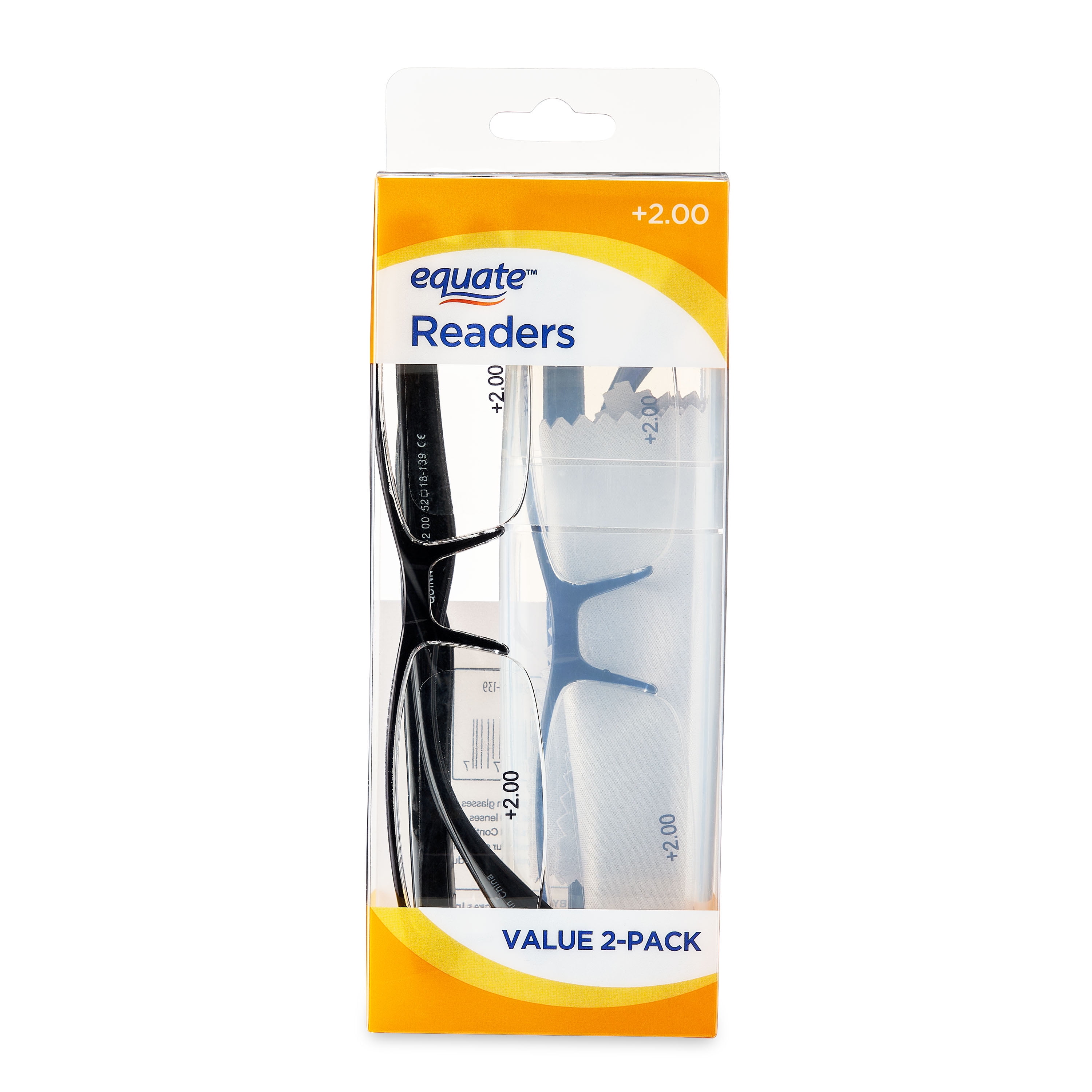 (2 pack) Equate Quinn Value 2-Pack Unisex Rectangular Reading Glasses with Case, Black/Navy Blue, +2.00