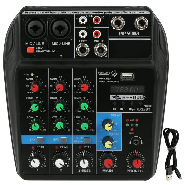 Consola de música de canales, consola de música de 4 canales Consola de mezcla de sonido para canales Bluetooth Mezclador de audio Rendimiento sólido Jadeshay A