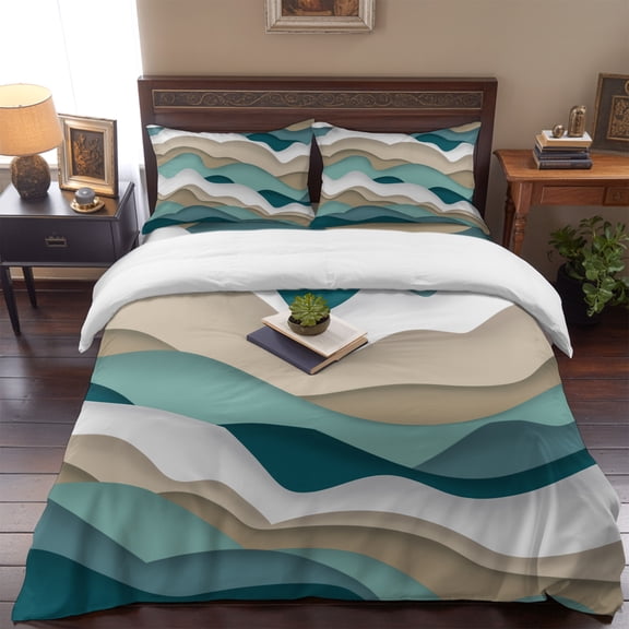 Abstract Ocean Sea Wave Queen Size Bed Set,Teal Brown Ombre Art Bedding for All Seasons,4 Pcs Bed Set,1 Quiltcover (90"x90"),1 Sheet (90"x102"),2 Pillowcases (20"x30")
