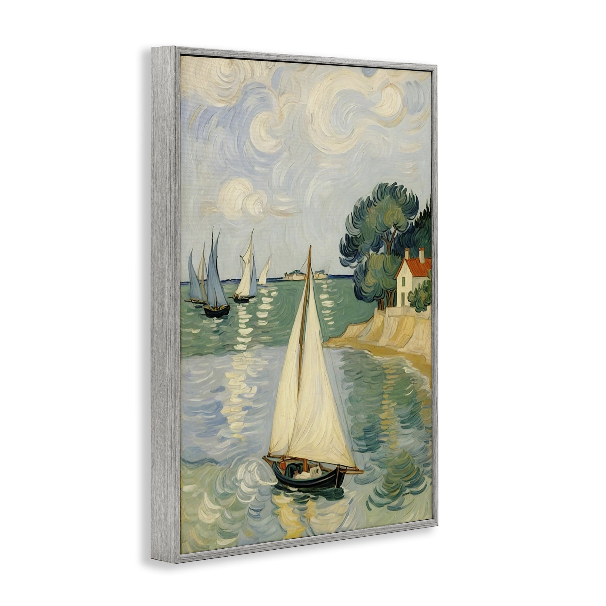 Stupell Industries Coastal Sailboats Under Swirling Clouds Gray Framed Giclee Art, design by Angie Hawke