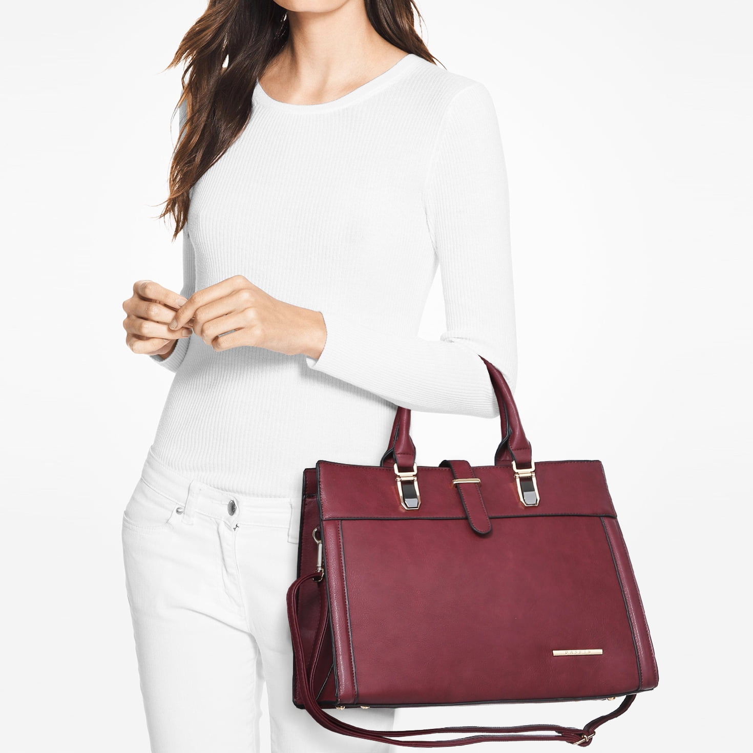 Women's Handbag Flap-over Belt Shoulder Bag Top Handle Tote Satchel Purse Work Bag w/Matching Wristlet