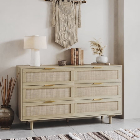 51" 6 Drawers Rattan Dresser for Bedroom, Gold Handles & Solid Wood Legs, Wood Bedroom Dresser