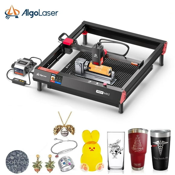 AlgoLaser Alpha MK2 20W Higher Accuracy Laser Engraving Machine With Rotary Chuck Honeycomb and Risers For Metal Jewelry, Stainless Steel Logo DIY, Wood Cutter