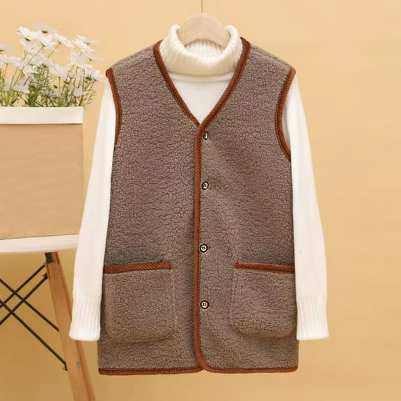 Fanxing Fuzzy Fleece Vest Women Plus Size Sleeveless Sherpa Jacket Casual Button Down Outerwear Cardigans with Pockets Coffee 4XL