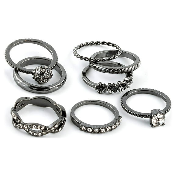 Claire's Women's Hematite Forever Glam Ring Set, Ring Size 6/7, Small/Medium, 8 Pack, 07085