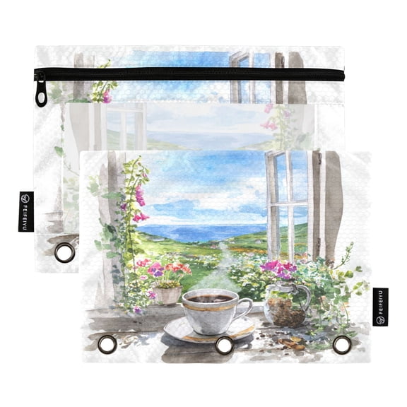 2 Pack 3 Ring Binder Pouch with Clear PVC Window Water Resistant Zipper Pencil Pouch Coffee by The Window Binder Pocket for Classroom Office Home Stationery Organization