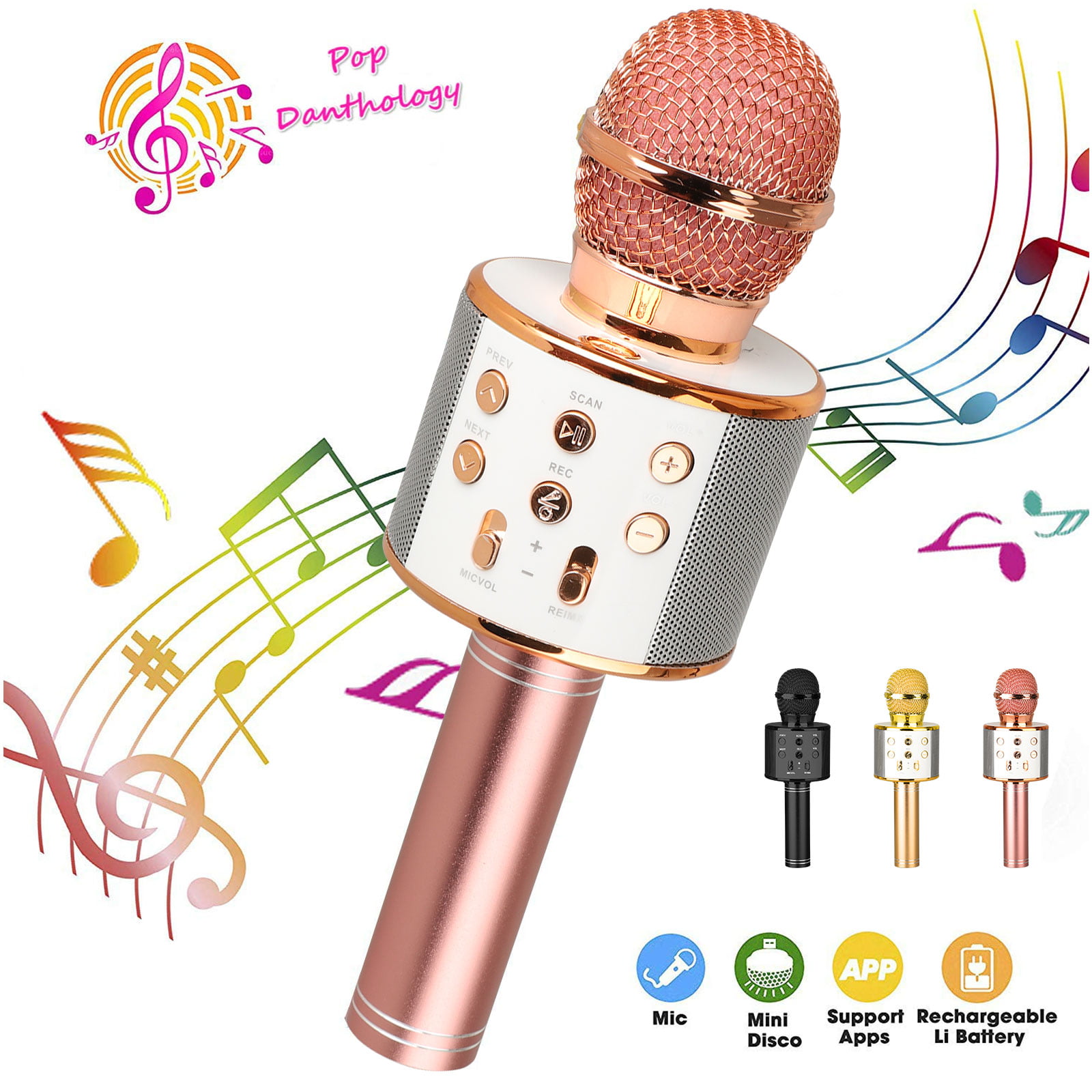 Recorder Microphone Bluetooth Karaoke Player with Multi-color LED Lights Speaker Compatible with Android & iOS Devices Wireless Karaoke Microphone 3 in 1 