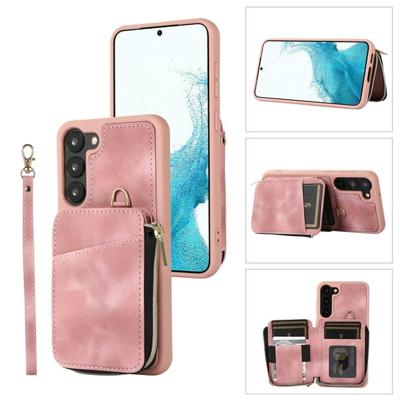 ELEHOLD for Samsung Galaxy S21 FE,Luxury Zipper Wallet Case with Card Slots Zipper Pocket Kickstand Function Wriststrap Crossbody Shoulder Strap Shockproof Purse Case,pink