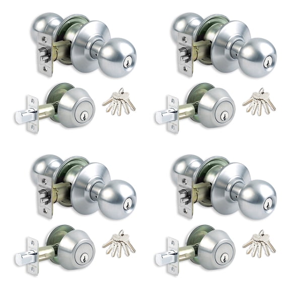 Lot of 4 Stainless Steel Grade 3 Combo Lock Set with Entry Door Knob and Deadbolt With 24 SC1 Keys - Boxed Keyed Alike