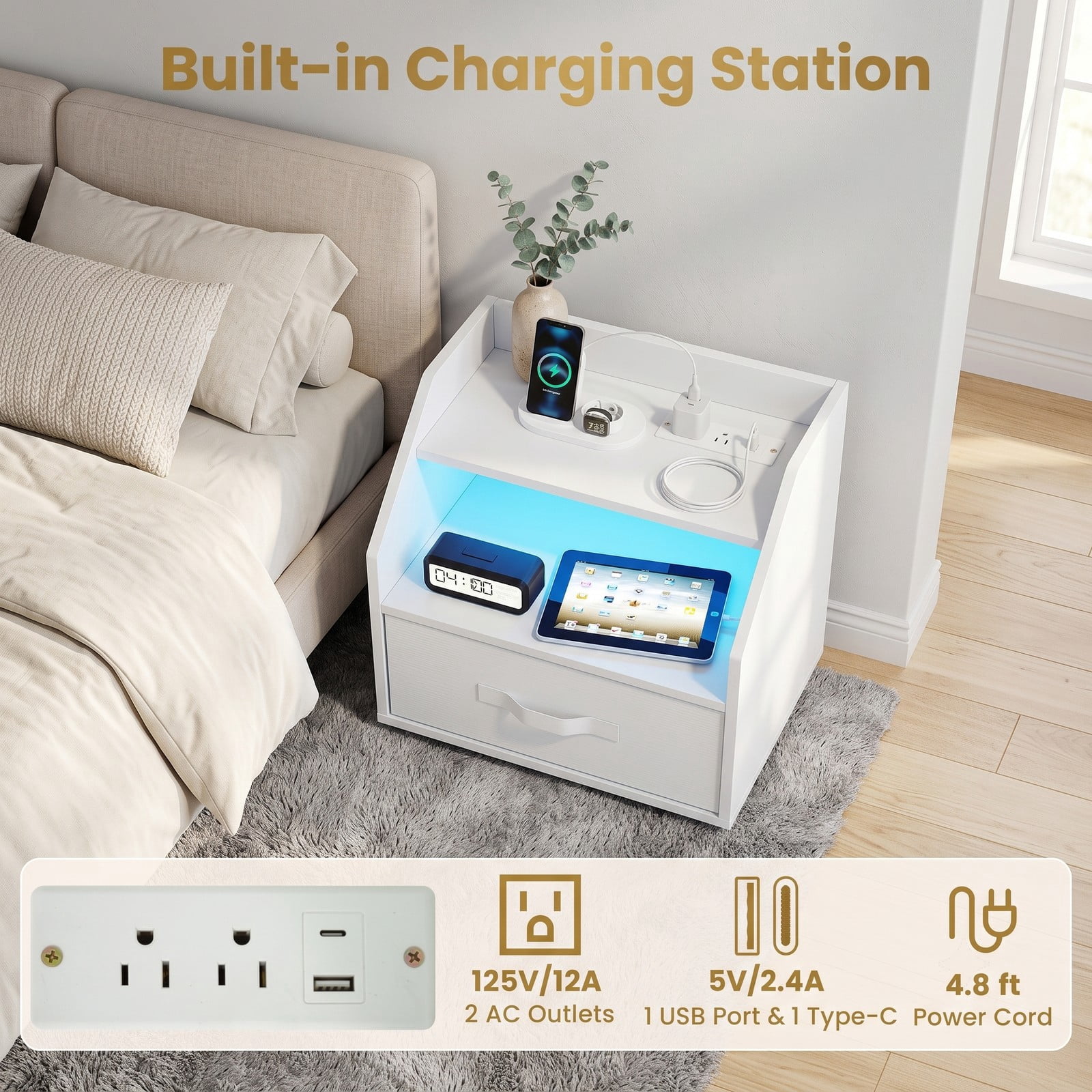 Furnibear Nightstand with LED Light and Charging Station and Fabric Drawer for Bedside Storage in the Bedroom and Living Room, White