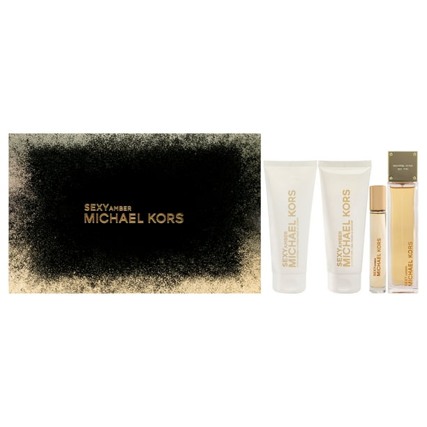 Juego de regalo Sexy Amber Michael Kors para mujer 4 piezas spray EDP 3,4 oz loción corporal 3,4 oz gel de ducha 3,4 oz