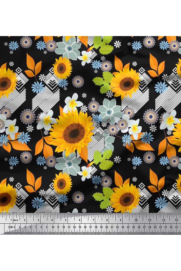 Viscose Chiffon Fabric Leaves & Sunflower Floral Print Sewing Fabric Yard 42 Inch Wide