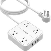 Flat Plug Power Strip with 9.8 FT Extension Cord, TESSAN 4 Widely Spaced Outlets 3 USB Ports, Wall Mountable Compact Size Charging Station, 1250W/10A Long Cord for Indoor