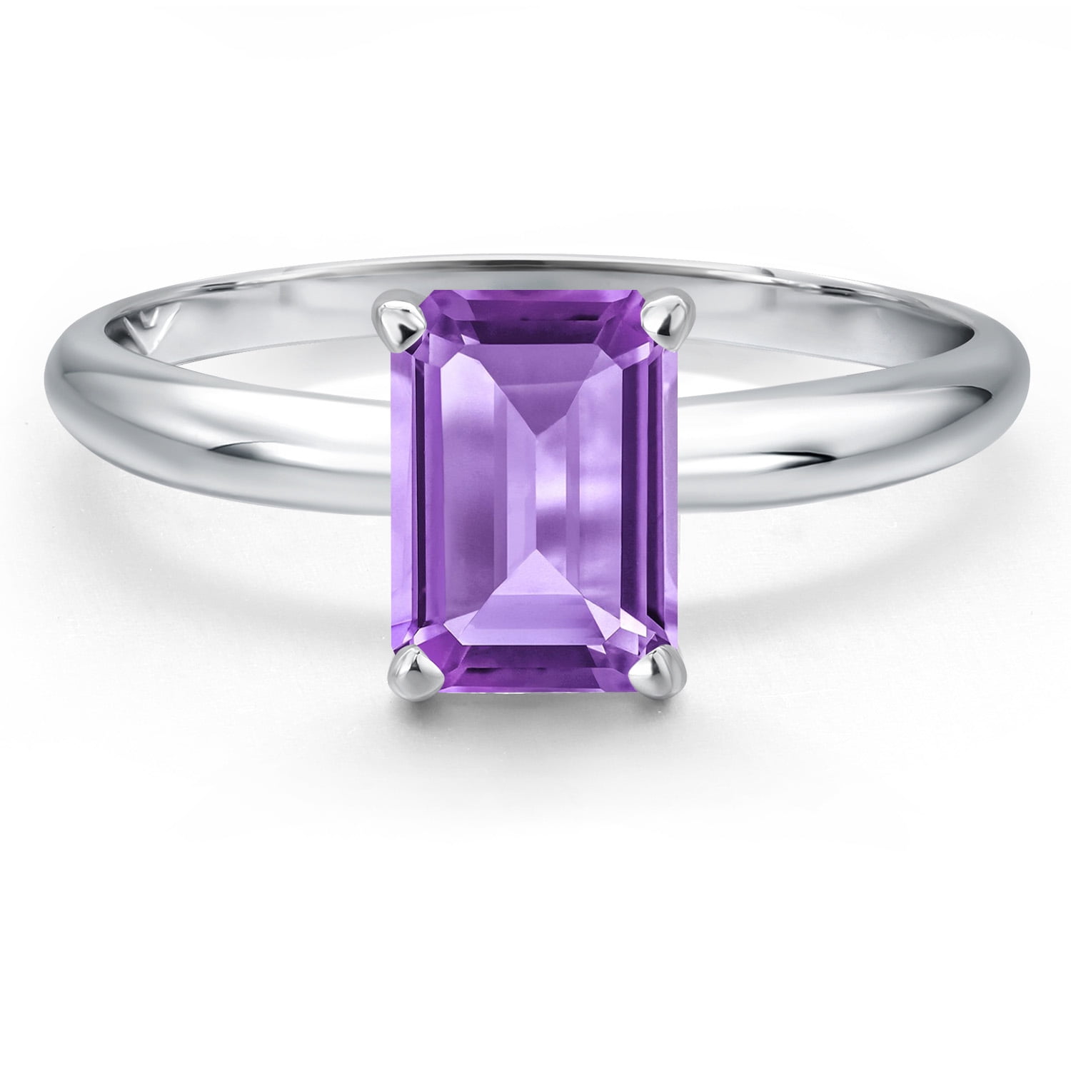 Gem Stone King 14K White Gold Purple Amethyst Solitaire Engagement Ring for Women | 1.50 Cttw | Emerald Cut 8X6MM | Gemstone February Birthstone | Size 8