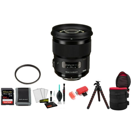 Image of Sigma 50mm f/1.4 DG HSM Art Lens for Nikon F with 64GB Memory Card UV Filter Tripod and More (International Model)
