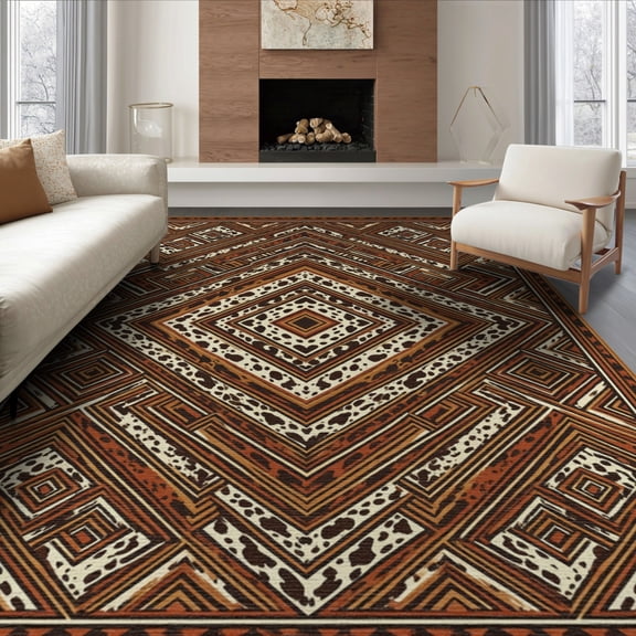 ODIKA 8'x10' Washable Area Rug Non-Shedding, Easy Care, Symmetry Abstract Inspired Patches Border Spotted Southwestern Refined for King Size Bedroom Under Bed, Master Suite