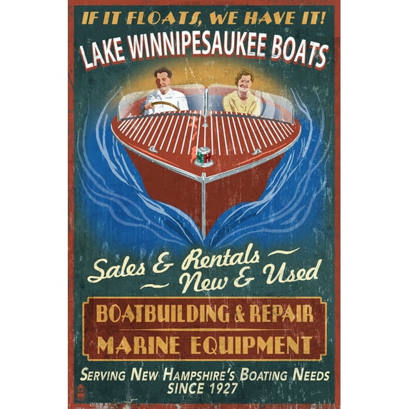 Lake Winnipesaukee, New Hampshire, Vintage Boat Sign (12x18 Wall Art Poster, Room Decor)