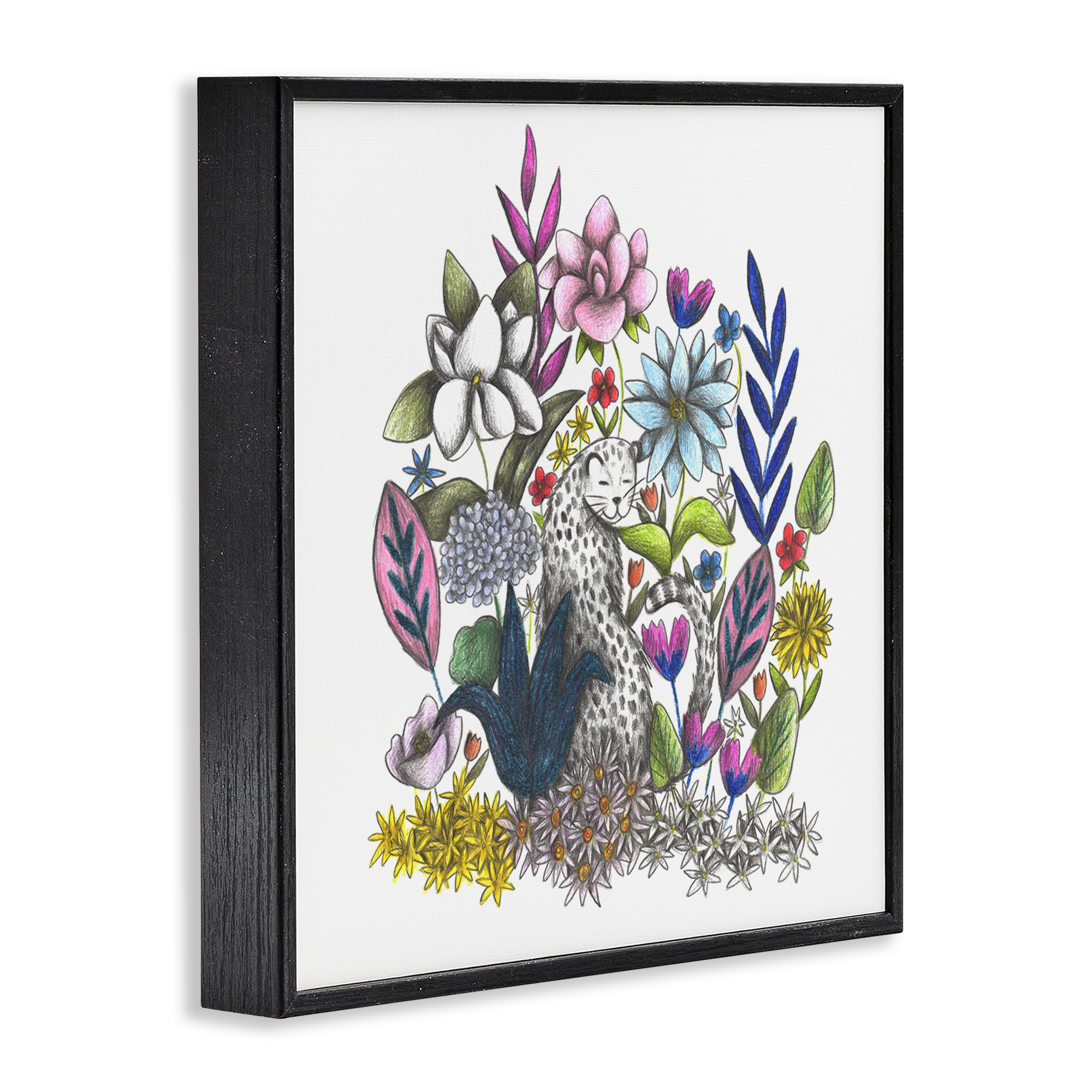 Leopard in Midst of Flowers Black Framed Giclee Art, design by Cecilia Battaini